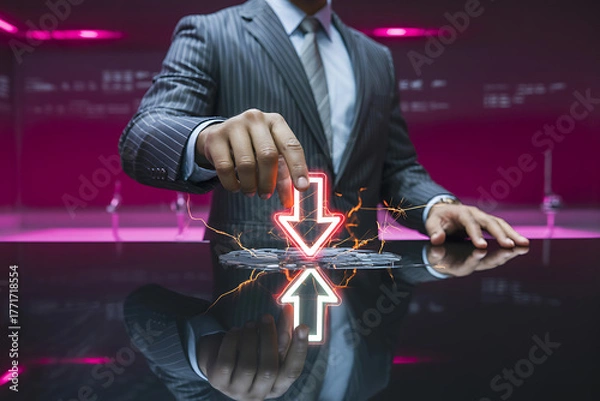 Fototapeta Businessman interacting with glowing up and down arrows