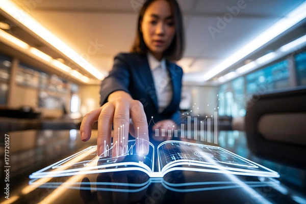 Fototapeta Businesswoman touching a futuristic glowing book with data visualization
