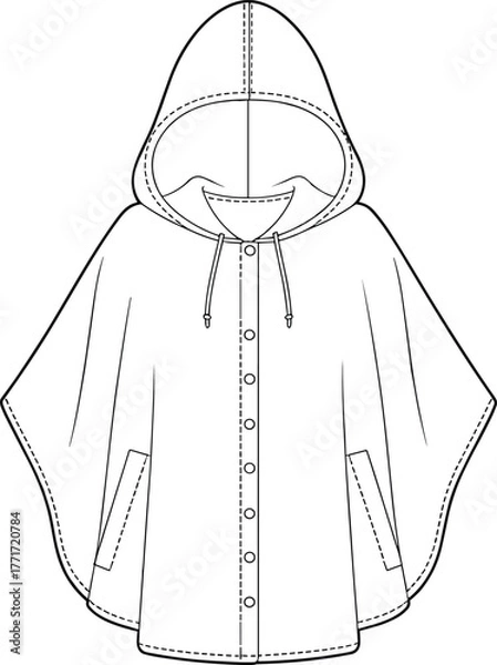 Obraz Hooded poncho technical drawing, fashion flat sketch, garment design vector, cape jacket illustration, clothing template, outerwear mockup style for apparel industry