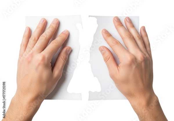 Fototapeta Hands tearing a sheet of white paper, showing the concept of separation