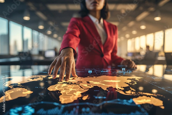 Fototapeta Woman in red jacket interacting with a holographic world map interface