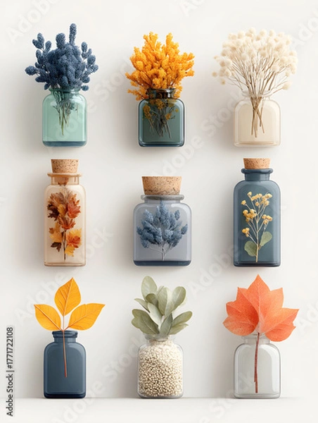 Fototapeta A grid of nine glass apothecary jars displays various dried botanicals and leaves in rich autumnal and muted colors against a white background