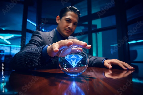 Fototapeta Man in suit holding a crystal ball with a diamond inside