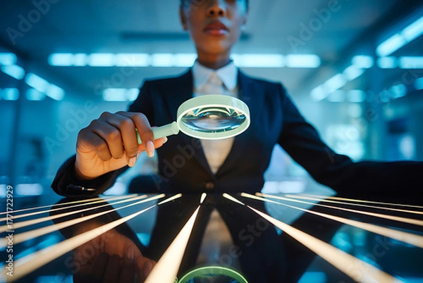 Fototapeta Woman in suit examines data with magnifying glass