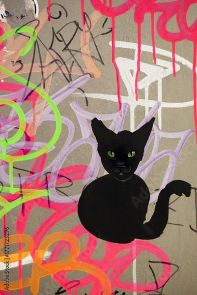 Obraz Urban graffiti artwork shows black cat with green eyes surrounded by colorful neon paint lines on city wall.