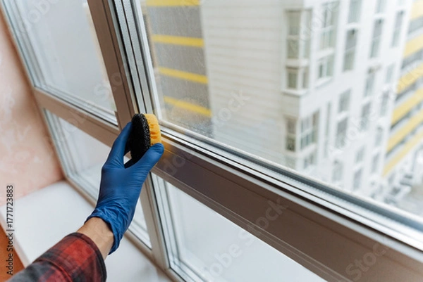 Fototapeta urban construction expert ensures window installation accuracy and seal quality at highrise building