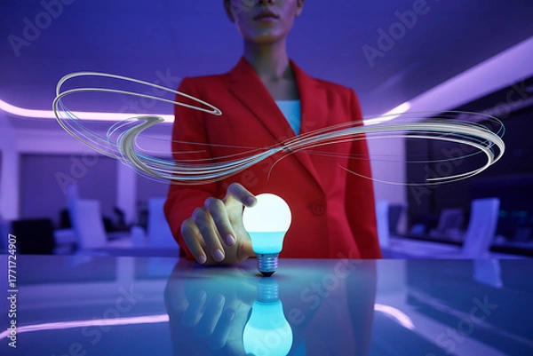 Fototapeta Woman in red jacket holding a glowing light bulb with abstract energy