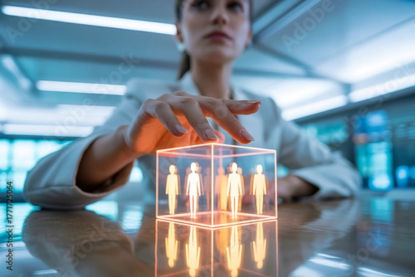Fototapeta Womans hand interacting with holographic cube of people figures