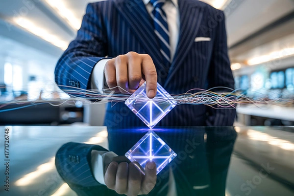 Fototapeta Businessman holding a glowing crystal cube with digital streams