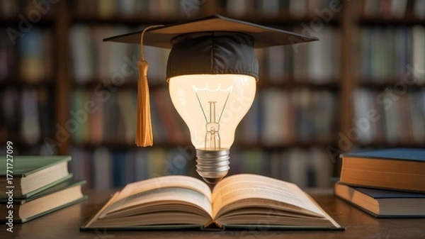 Obraz A creative blend of a graduation cap and a light bulb illuminating an open book, symbolizing education and innovation.