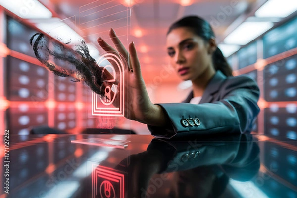 Fototapeta Woman touching a digital interface with data streams in a server room