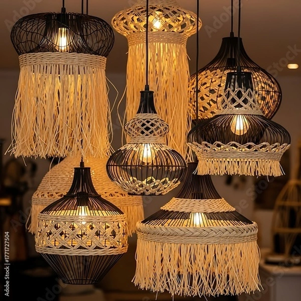 Fototapeta Bohemian chic hanging pendant lights with intricate macrame designs illuminate any space