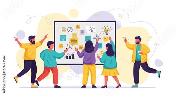 Fototapeta Team Of Professionals Brainstorming And Strategizing Ideas On A Whiteboard For Efficiency