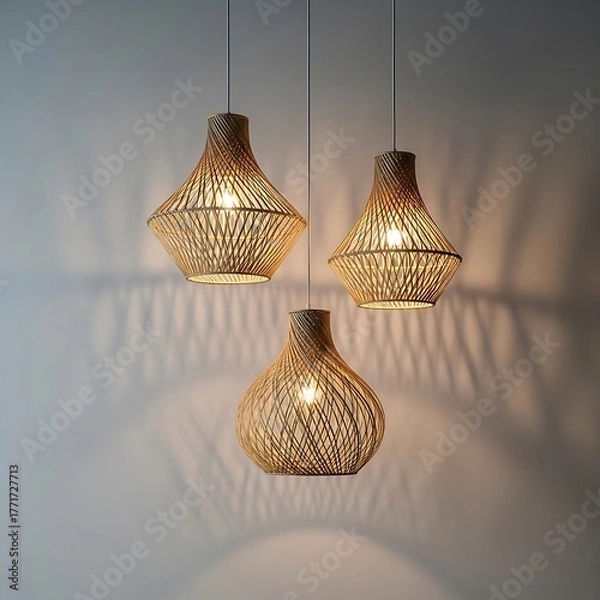 Fototapeta Three woven pendant lights hanging indoors creating warm ambient light