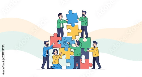 Fototapeta Teamwork And Collaboration Assemble Complex Puzzle Pieces To Reach A Common Goal