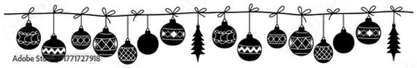 Fototapeta Hanging Christmas ornaments garland vector – row of festive baubles and trees on string, playful winter decoration for banners and cards