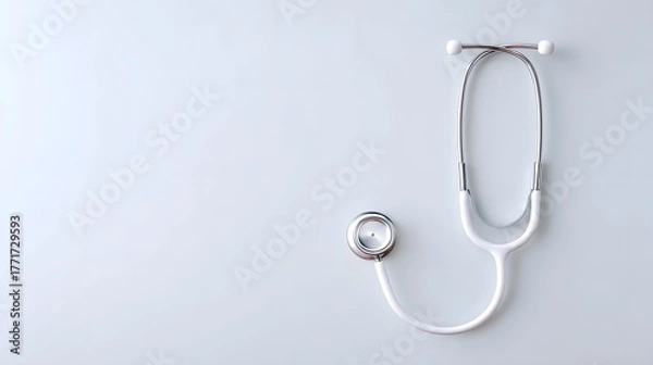 Fototapeta A professional white medical stethoscope is presented on a simple light blue surface symbolizing healthcare services examination and wellness