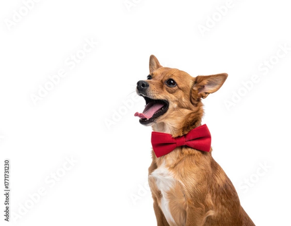 Fototapeta A cheerful dog wearing a red bow tie, looking lively and attentive.