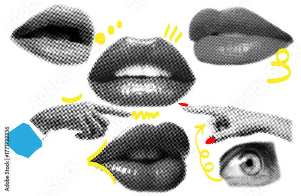 Obraz Trendy collage of female beauty lips and pointing hands in halftone texture.