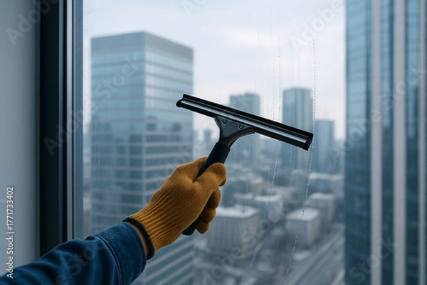 Obraz Hand in glove cleaning office window with squeegee. Modern city view, concept of maintenance, hygiene, and professional cleaning service.