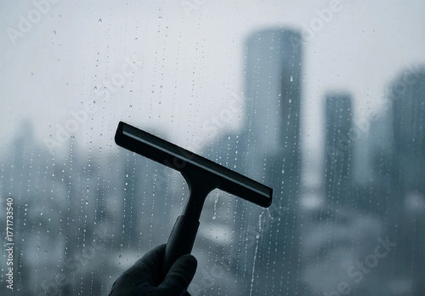 Obraz Window squeegee against rainy glass with blurred city background. Concept of cleaning service, rainy day, and urban lifestyle.