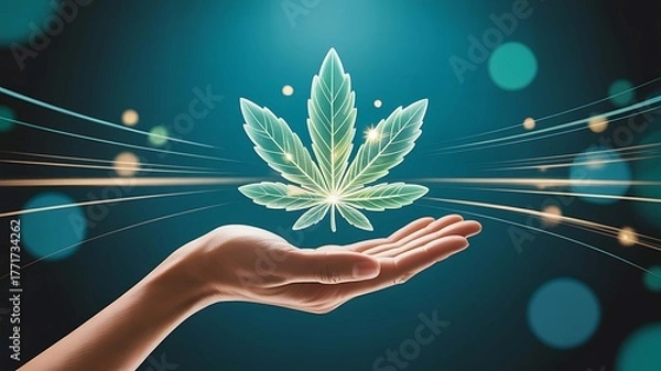 Fototapeta Hand holding glowing hemp leaf with abstract lines and bokeh background