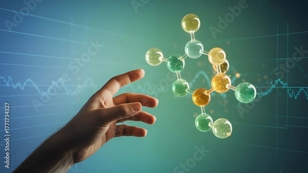 Fototapeta Hand reaching for abstract molecule structure with financial chart background display