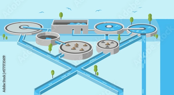 Obraz Wastewater Treatment Plant Illustration - Circular Tanks and Water Flow.