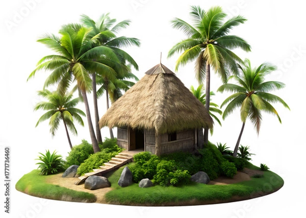 Fototapeta A three-dimensional small hut with a thatched coconut roof on a small black rock, surrounded by green moss and small palm trees, white background and Transparent