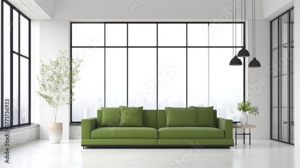 Fototapeta sofa. Elegant green sofa in a minimalist living space, blending natural light and simple decor for modern comfort. real-estate listings.