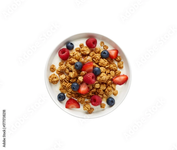 Fototapeta a bowl of granola topped with yogurt and berries, seen from above on a white background