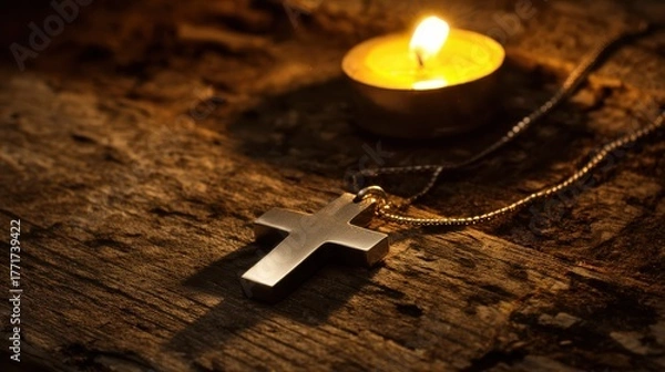 Fototapeta necklace. A silver cross necklace on a weathered wooden table lit by warm candlelight. event programs, museum guides, designed for cultural heritage projects and event programs.