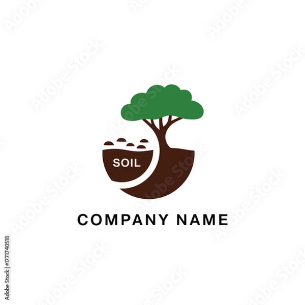 Fototapeta Logo featuring a tree growing from soil, symbolizing growth, nature, and environmental sustainability.