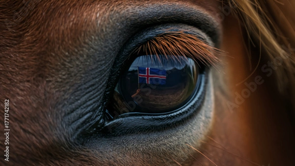 Fototapeta Close-up of an Icelandic horse's eye reflecting the national flag. A symbol of Icelandic spirit.