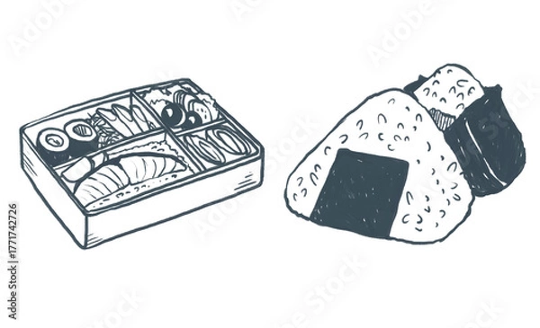 Obraz Japanese food clipart – Bento, Onigiri, Cute hand-drawn crayon illustration, for menu design, transparent PNG