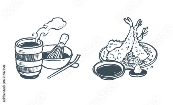 Obraz Japanese food clipart – Green tea, Shrimp Tempura, pencil sketch style, for cookbook illustration, transparent PNG