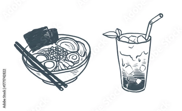 Obraz Japanese food clipart – Ramen, Matcha latte, Cute hand-drawn crayon illustration, for menu design, transparent PNG