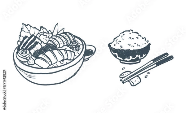 Obraz Japanese food clipart – Sashimi, Rice, Chopsticks, Cute hand-drawn crayon illustration, for menu design, transparent PNG
