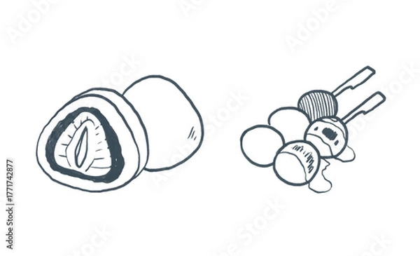 Obraz Japanese food clipart – Mochi, Dango, desserts, Cute hand-drawn crayon illustration, for menu design, transparent PNG