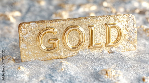 Fototapeta Golden plate with the word 'Gold' on shiny background. Luxury, precious metals, jewelry themes