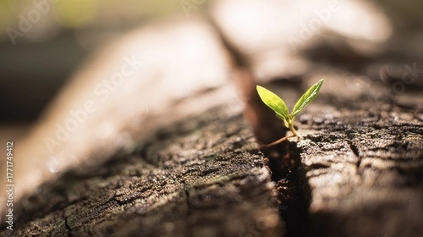Fototapeta extending. A young, tender sprout extends from the sturdy trunk of an ancient tree in soft morning light. gardening catalogs, home-decor guides, designed for gardening and botanical catalogs.