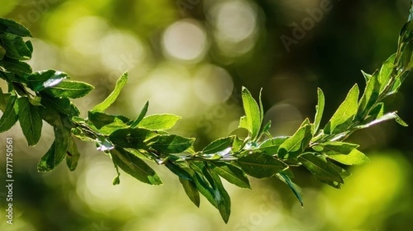 Fototapeta laurel. A wreath of laurel leaves in natural sunlight against a soft background. gardening catalogs, home-decor guides, designed for home decor and floral branding, used by videographers.