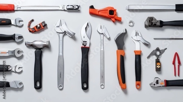 Fototapeta handyman. Professional tools arranged on a white surface, clean and organized for a minimalist aesthetic. product launch decks.
