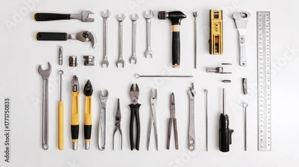 Fototapeta handyman. Professional tools arranged on a white surface, clean and organized for a minimalist aesthetic. product launch decks.