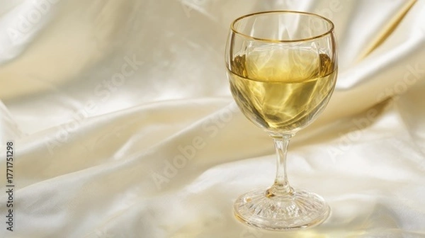 Fototapeta guest. Elegant white wine glass with golden liquid on a softly lit table setting. bar promotions, beverage menus, designed for food & beverage menus and cafe branding, used by ux designers.