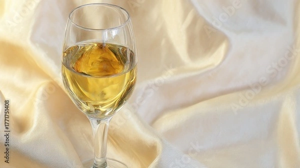 Fototapeta guest. Elegant white wine glass with golden liquid on a softly lit table setting. bar promotions, beverage menus, designed for food & beverage menus and cafe branding, used by ux designers.