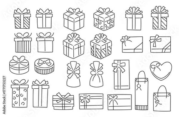 Fototapeta  シンプルでゆるい手描きプレゼントボックス（白背景・黒ライン）