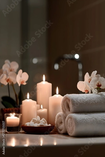Obraz Spa arrangement with towels, candles, and flowers in serene setting  