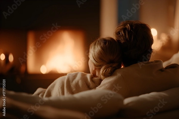 Obraz Couple cuddling under blanket by warm fireplace at home  
