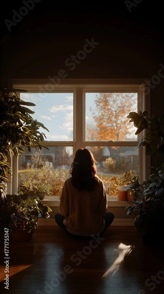 Obraz Young woman sitting on floor and looking out window with autumn view  